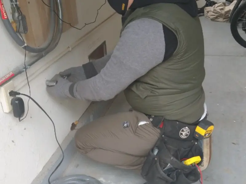 Electrician performing outlet wiring in a Fruit Hill garage